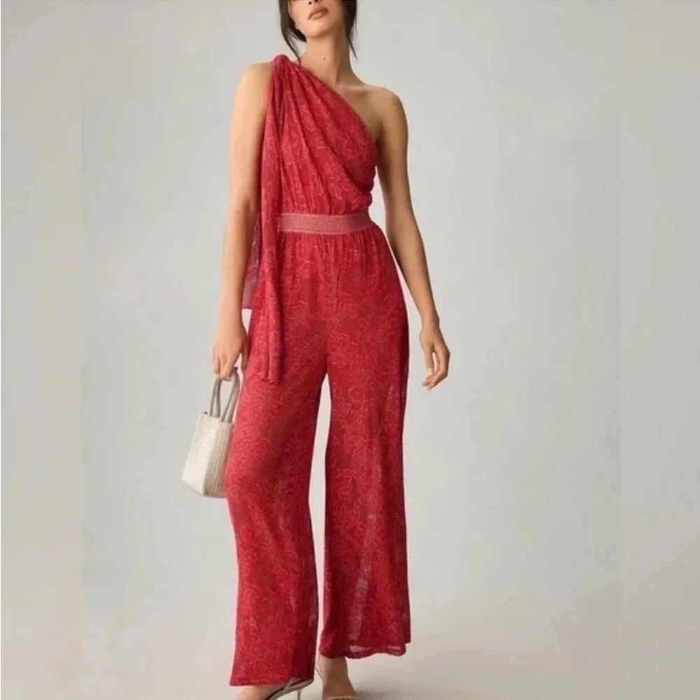 Anthropologie Cecilia Prado Jumpsuit Draped One Shoulder in Red Metallic
